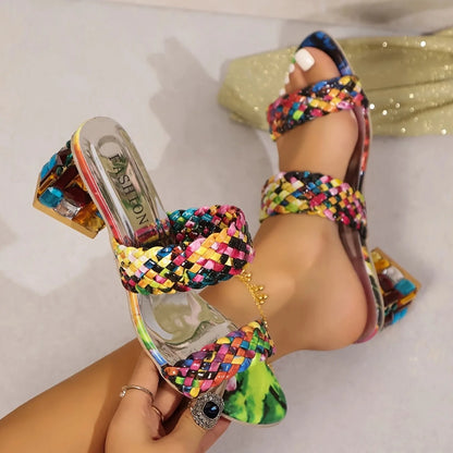 Women Sandals New Square Heels Heeled Shoes New Trendy Fashion Sandals Women Comfortable Thick-soled Slippers Sandalias De Mujer