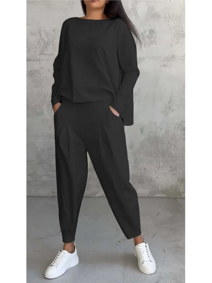 Spring Autumn Solid Women's Sports Set New Fashion Long Sleeve Irregular Loose Top Harem Pants Two Piece Set For Women Outfits