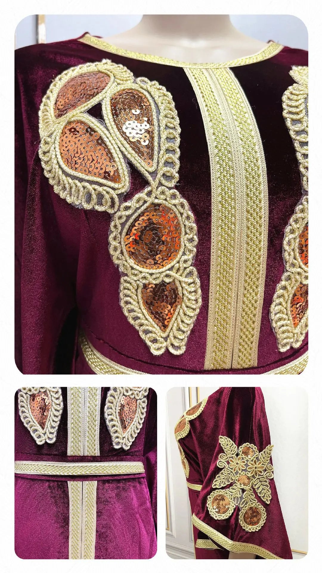 Ramadan Luxury Muslim Fashion Bat Sleeve Moroccan Turkiye Dubai Dress Middle East Arab Dress Sequins Golden Velvet Long Dress