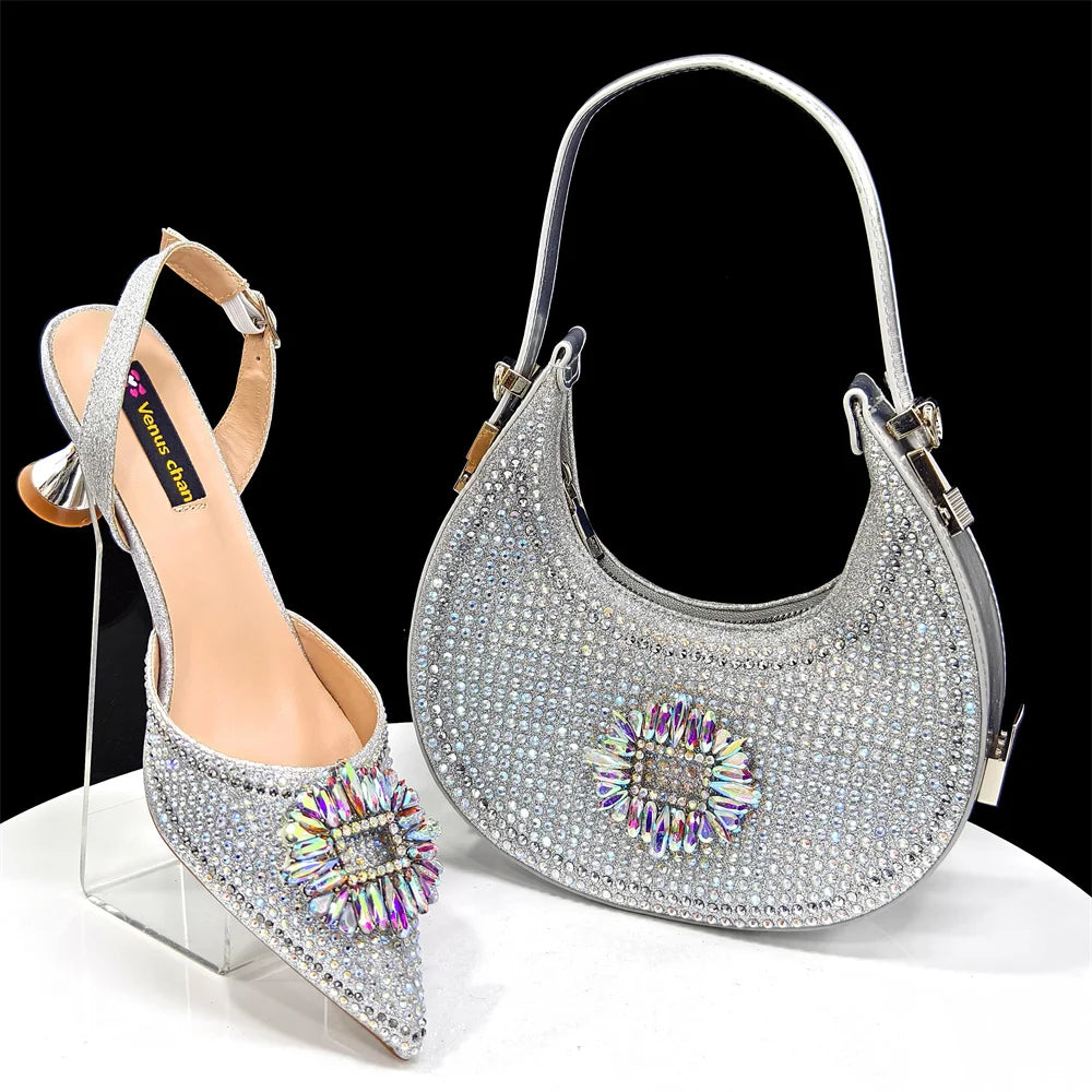 Venus Chan Luxury Rhinestone Heel & Handbag Set – Black & Gold Party Combo