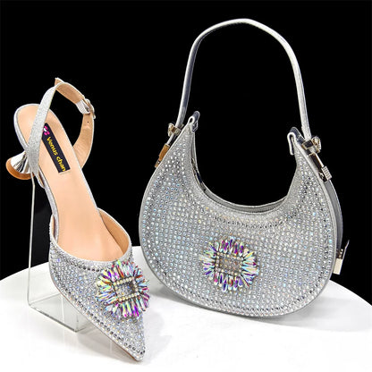 Venus Chan Luxury Rhinestone Heel & Handbag Set – Black & Gold Party Combo