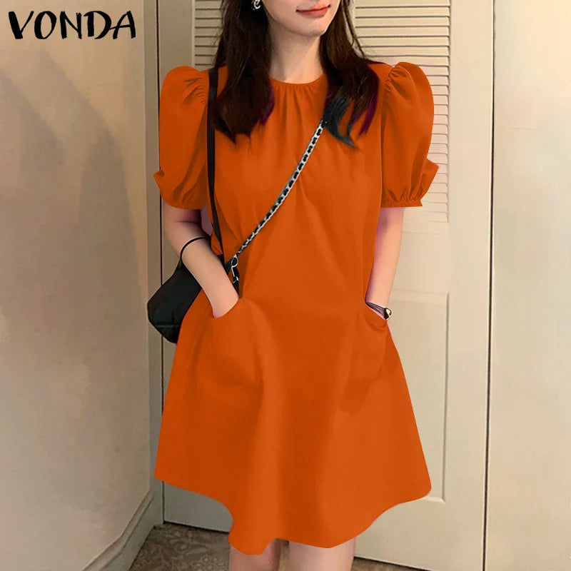VONDA Women Party Dress Solid Color Casual Office Work Mini Sundress 2025 Summer Female O Neck Vestidos Oversized Loose Robe