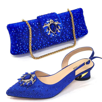 New Arrival Fashion Shoes Matching Bag Set Royal Blue Color Decorated with Crystal Ladies Wedding Party Women High Heel