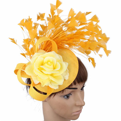 Yellow Fashion Hat Fedora Formal Dress Church Fascinators Hat Headband Party Tea Millinery Caps Mesh Hair Accessories