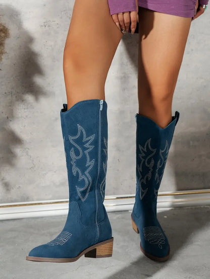 Women Chelsea Cowboy Knee High Boots for Women Mid Heels Walking Shoes Winter Fashion Zipper Chunky Boots Pumps Punk High Botas