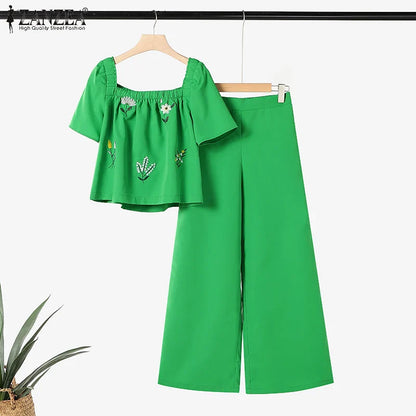 ZANZEA Women Short Sleeve Square Collar Tops Elastic Waist Pant Sets Summer Outfits Elegant Floral Embroidery Two Piece Suts