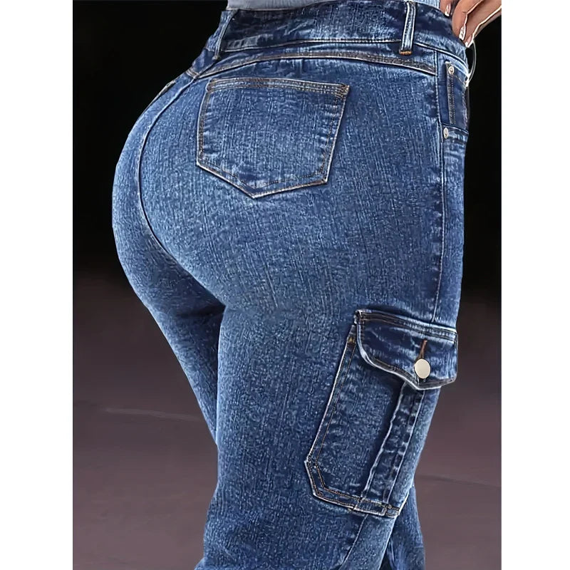 Women's Distressed Stretch Cropped Denim Jeans-Fashionable Elastic Cuff, Multi-Pocket Casual Cargo Pants Sporty Wear Jeans T16