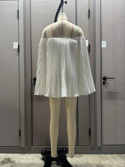 Women's Sexy One Shoulder Pleated Chiffon Long Sleeve Shorts 2 Piece Fashion Loose Shawl Sleeves Elegant Female Beach Shorts Set