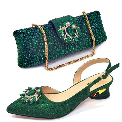 New Arrival Fashion Shoes Matching Bag Set Royal Blue Color Decorated with Crystal Ladies Wedding Party Women High Heel