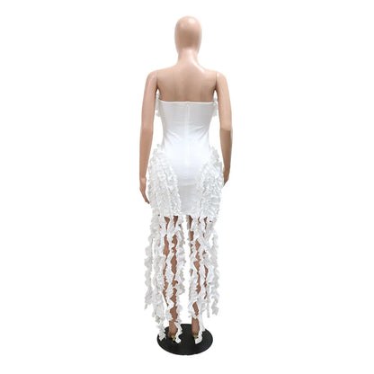 Women Strapless Ruffles Tassel Splicing Irregular Birthday Bodycon Midi Maxi Dress 2025 Even Sexy Party Dresses Vestidos