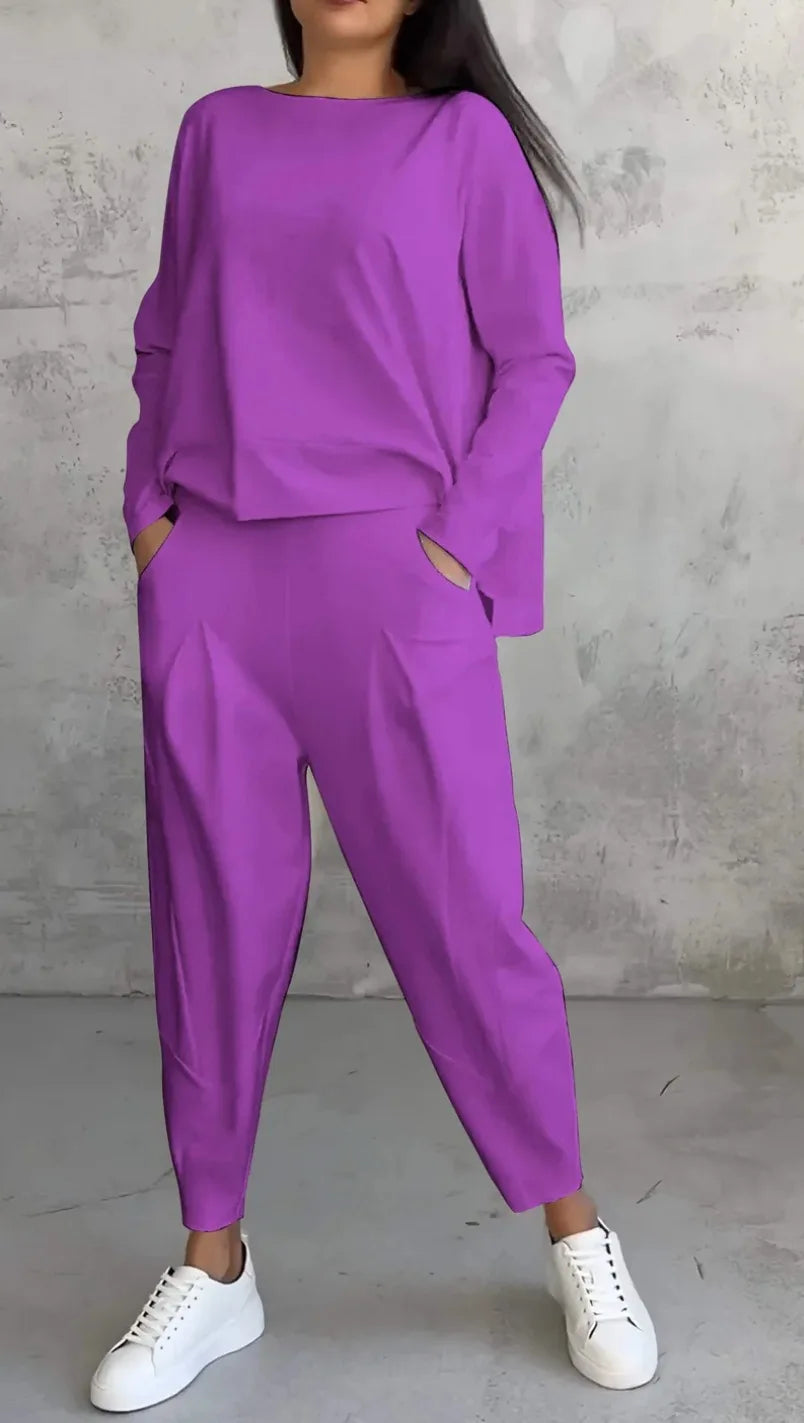 Women Two Piece Pant Sets Solid Full Sleeved Tops Round Neck Casual Midi Waist Long Pants Pockets Regular Elegant Lady