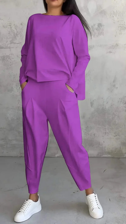 Women Two Piece Pant Sets Solid Full Sleeved Tops Round Neck Casual Midi Waist Long Pants Pockets Regular Elegant Lady