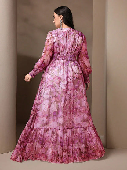 TOLEEN Plus Size Women V-Neck Lantern Sleeve Ruffle 2024 Spring Summer Casual Elegant Floral Print Vacation Party Long Dresses