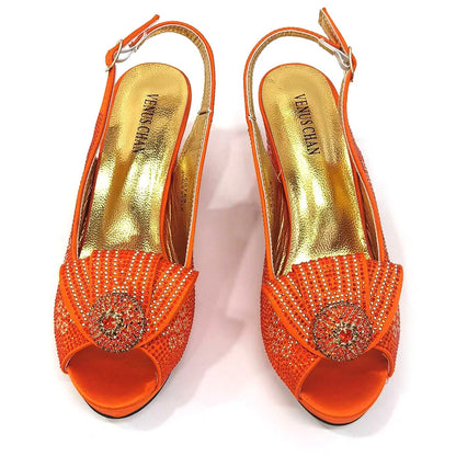 Venus Chan 2024 Italian Design Girly Style Golden Color Wedding Shoes And Bag Full Diamond Decoration Metal Closure Bags