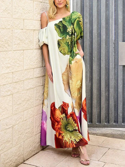 UOOZEE 2025 New Women Fashion Elegant Floral Printed Evening Maxi Dresses Loose One-Shoulder H-line Vacation Bohemia Dress