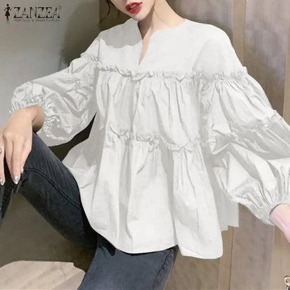 ZANZEA Fashion Women Long Puff Sleeve Blouse Autumn Spring Eelgant Shirt Ruffles Blusas Femininas Mujer Party Work Tops Tunic