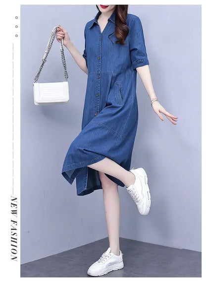 Oversized 5XL Single Breasted Denim Dress For women 2024 Summer New Short sleeved Shirt Denim Dresses Female Casual Clothes