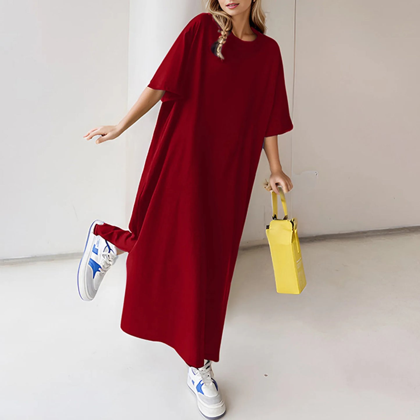 Summer Solid Color T Shirt Dress Casual Short Sleeved Loose Dresses Round Neck Slit Maxi Dress For Women Elegant Vestidos 2024