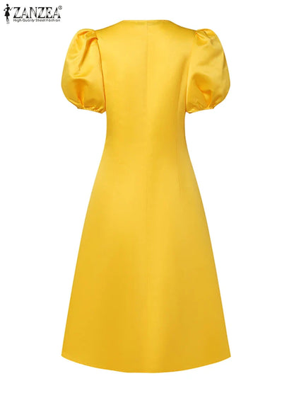 ZANZEA Woman Elegant Party Dress Summer Puff Sleeve V-Neck Dresses Fashion Solid Sundress Vintage A Line Vestidos Oversized 2024