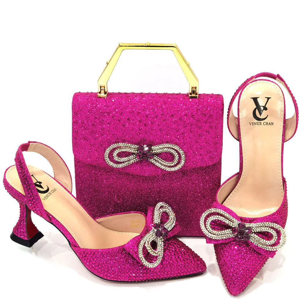 The Latest Style Rhinestone Bow Side Empty Party High Heels Pointed Toe Stiletto Heels Silver Women's Shoes And Bags