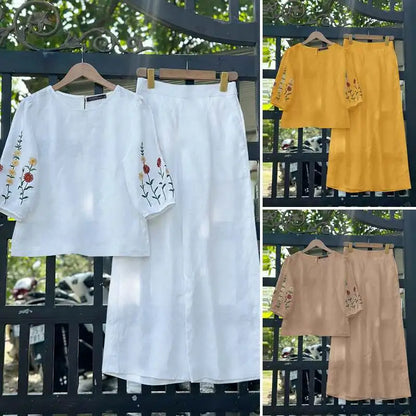 ZANZEA Fashion Women 3/4 Sleeve Embroidery Blouse Pants Sets Autumn 2PCS Floral Tracksuit Casual Loose Wide Leg Trousers Suits