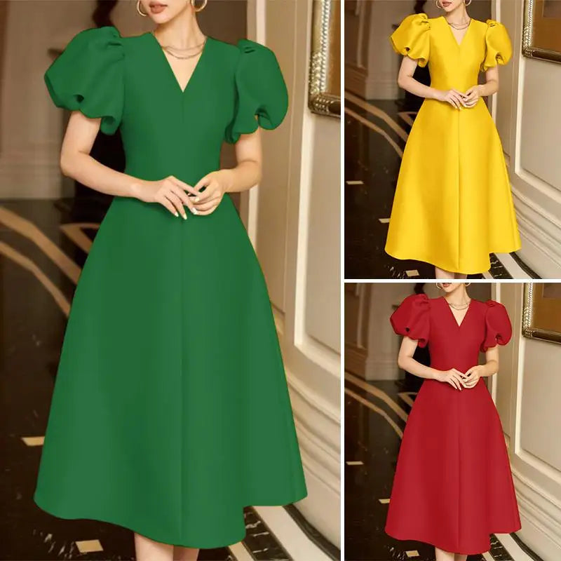 ZANZEA Woman Elegant Party Dress Summer Puff Sleeve V-Neck Dresses Fashion Solid Sundress Vintage A Line Vestidos Oversized 2024