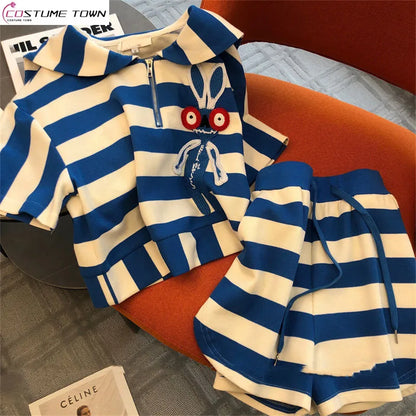 Spring and summer casual fashion sportswear slim fit striped printed short sleeved top+shorts two-piece set