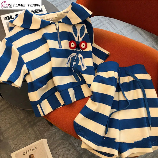 Spring and summer casual fashion sportswear slim fit striped printed short sleeved top+shorts two-piece set
