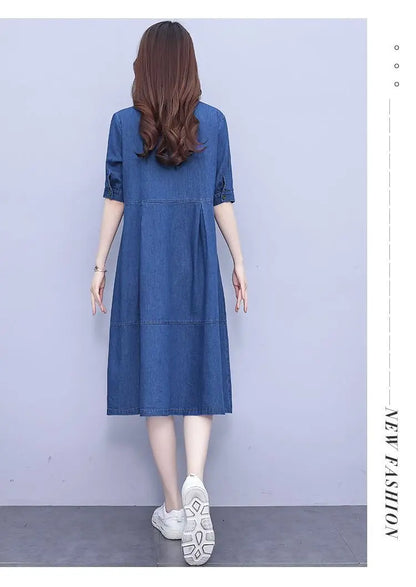 Oversized 5XL Single Breasted Denim Dress For women 2024 Summer New Short sleeved Shirt Denim Dresses Female Casual Clothes