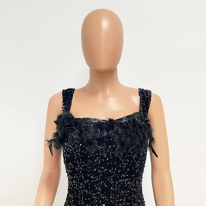 Spring And Summer Women's Clothing MINI Short Solid Color New Wind Sequins Halter Beach Dress One-word Shoulder Feathers Spice G