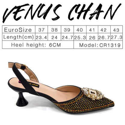 Venus Chan Luxury Rhinestone Heel & Handbag Set – Black & Gold Party Combo