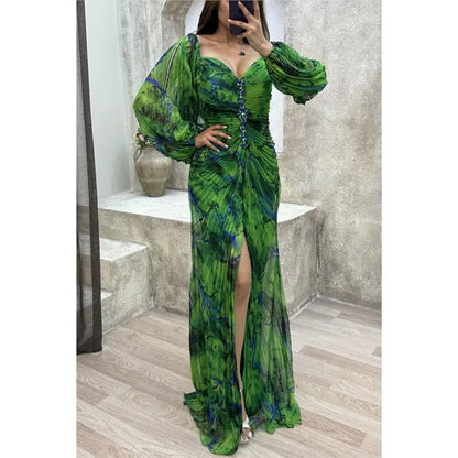 Women Floral Lantern Long Sleeve Dress Elegant Rhinestone Off Shoulder Maxi Dresses Sexy Deep V-neck  Waist Split Parties Dress