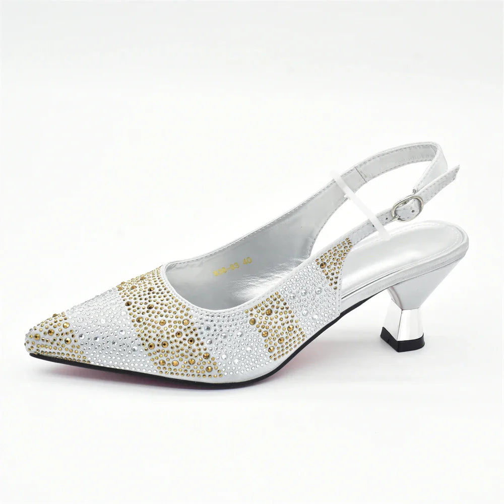 RUTIALNT Silver & Gold Crystal Shoe and Bag Set for Women