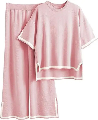 Two-piece Summer New Knitted Elegant Trousers Suit Short-sleeved Pullover Wide-leg Pants Casual Home Two-piece Women's Set
