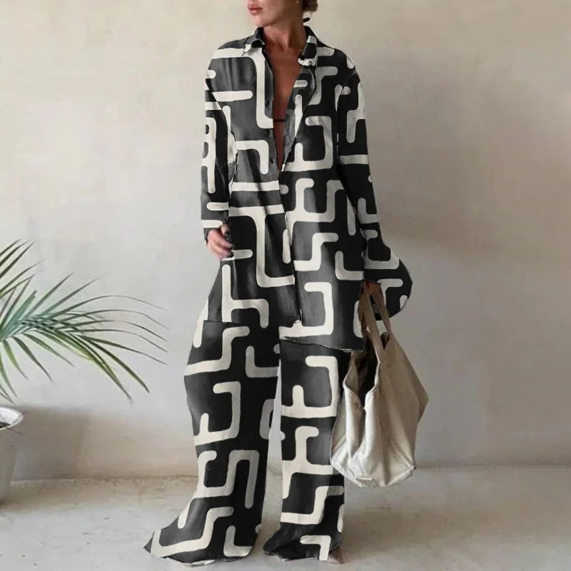 Women Set Autumn Long Sleeve Lapel Printed Casual Fashion Elegant Beach Loose Wide Leg Trousers Ladies Two Piece Suits Pant Sets