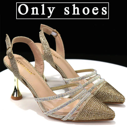 Venus Chan Shoes for Women 2023 Pointed Toe Black Heels Rhinestone Chain Party Sandals Italian Shoes and Bags Matching Set 2023