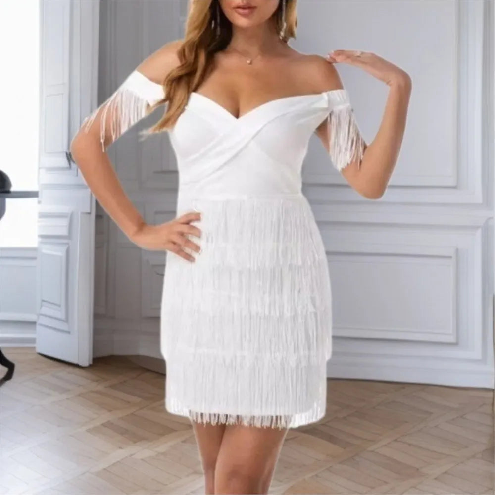 Summer Sexy One Line Shoulder Fringe Sheath Hip Women Dress Fashion Slim Fit Off The Shoulder White Nightclub Female Mini Dress