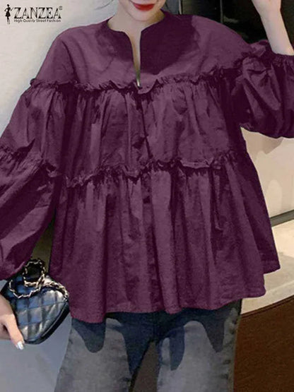 ZANZEA Fashion Women Long Puff Sleeve Blouse Autumn Spring Eelgant Shirt Ruffles Blusas Femininas Mujer Party Work Tops Tunic