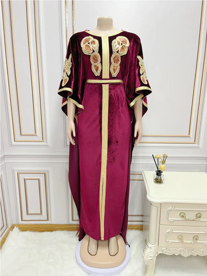 Ramadan Luxury Muslim Fashion Bat Sleeve Moroccan Turkiye Dubai Dress Middle East Arab Dress Sequins Golden Velvet Long Dress