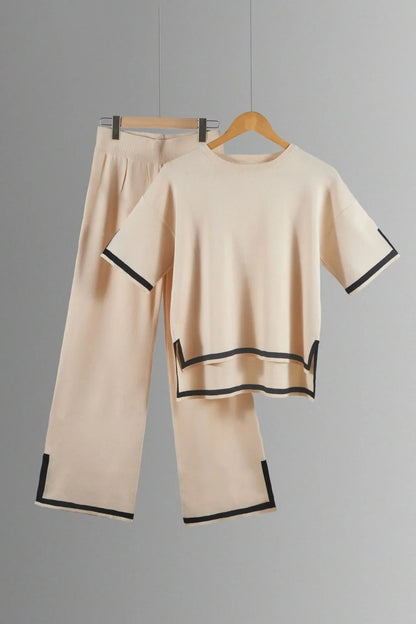 Two-piece Summer New Knitted Elegant Trousers Suit Short-sleeved Pullover Wide-leg Pants Casual Home Two-piece Women's Set