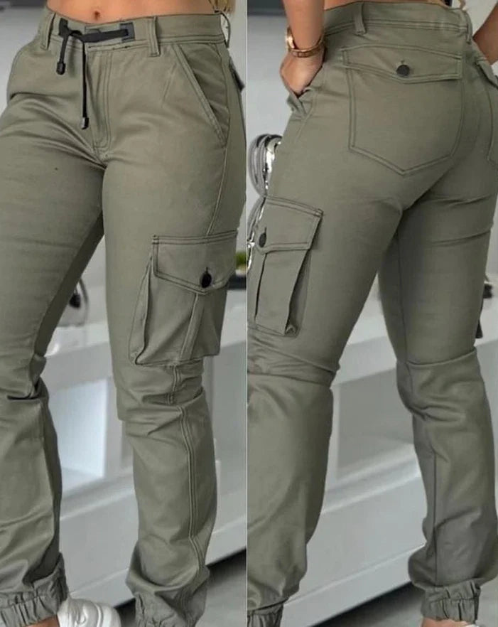 Women's Work Pants 2025 Autumn Winter Latest Urban High Waist Multiple Pockets Design Cuffed Cargo Pants Slim Fit Trousers