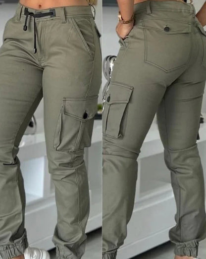 Women's Work Pants 2025 Autumn Winter Latest Urban High Waist Multiple Pockets Design Cuffed Cargo Pants Slim Fit Trousers