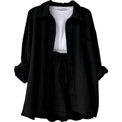 Women's Short Sets 2 Pcs Sale Grass Green Loose Button Cardigan Blouse Coats & Drawstring Wide Leg Loose Short Pant Suits
