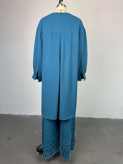 two piece sets women outfits o neck long lantern sleeve tops Embroidered Flares wide leg trousers fashion casual party Pant Sets