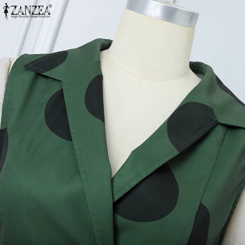 ZANZEA Summer Office Lady Sundress Woman Stylish Polka Dot Maxi Dresses Elegant Party Dress Fashion Sleeveless Holiday Robe 2025