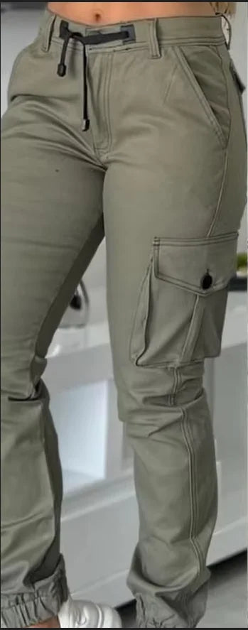 Women's Work Pants 2025 Autumn Winter Latest Urban High Waist Multiple Pockets Design Cuffed Cargo Pants Slim Fit Trousers