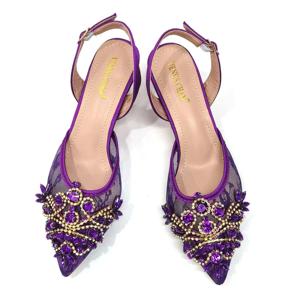 Venus Chan Nigerian Elegant Lace Net Style Green Crystal Low Heel Shoes And Three-Dimensional Mini Bag Commuter Women's Shoes