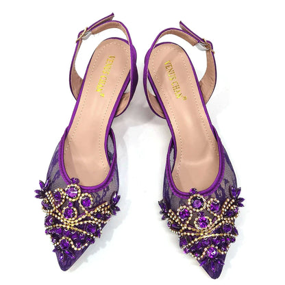Venus Chan Nigerian Elegant Lace Net Style Green Crystal Low Heel Shoes And Three-Dimensional Mini Bag Commuter Women's Shoes