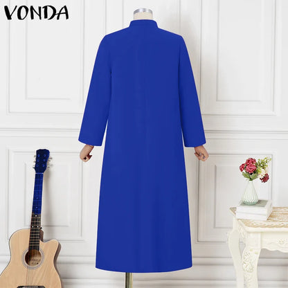 Plus Size VONDA Women Ruffled Maxi Long Dress 2024 Casual Solid Color A-Line Shirt Dress Stand Collar Long Sleeve Party Vestido