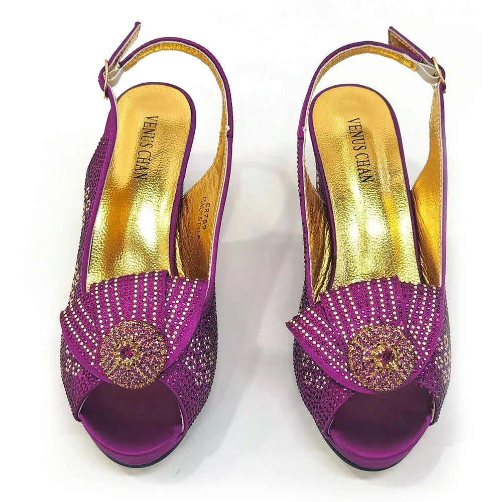 Venus Chan 2024 Italian Design Girly Style Golden Color Wedding Shoes And Bag Full Diamond Decoration Metal Closure Bags